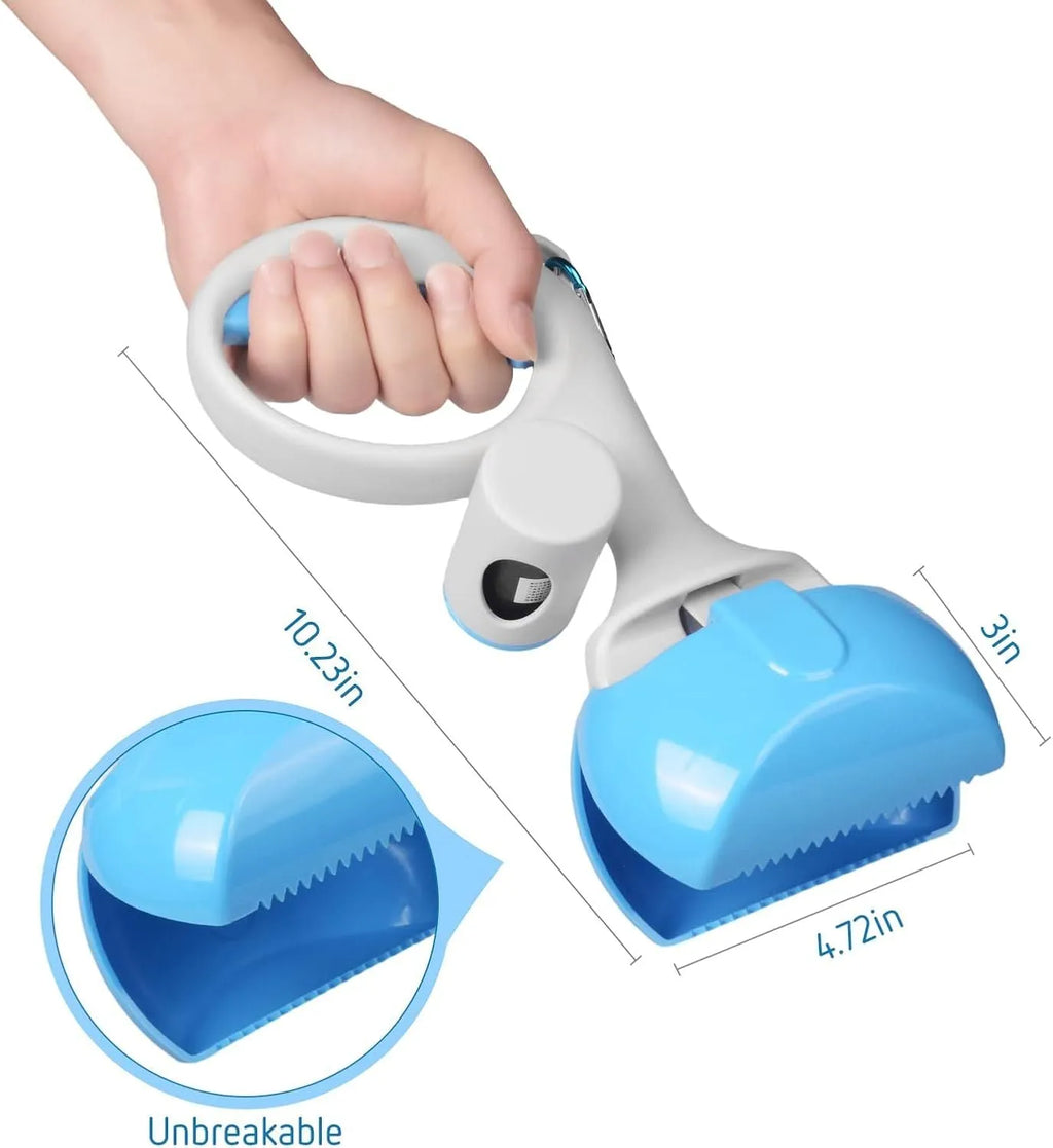 A black ABS plastic pet pooper scooper with a built-in trash bag holder and a carrying hook.