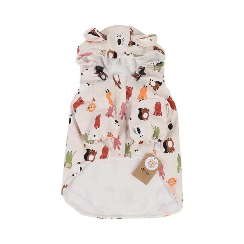 Beige cartoon dog raincoat with double waterproof PU coating, shown in small animal and cat head designs.
