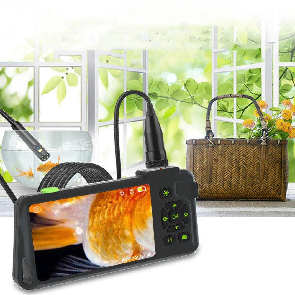 Handheld industrial endoscope with 4.5-inch screen and 1-metre black inspection cable with camera probe.
