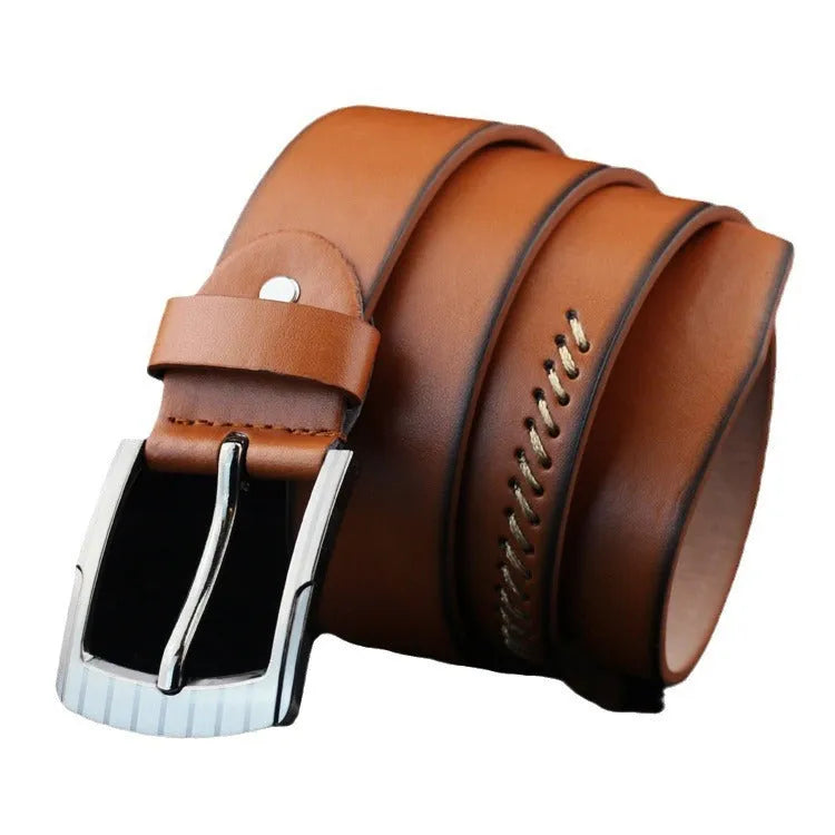 Men's imitation leather belt with retro pattern and alloy pin buckle in black, brown, or white