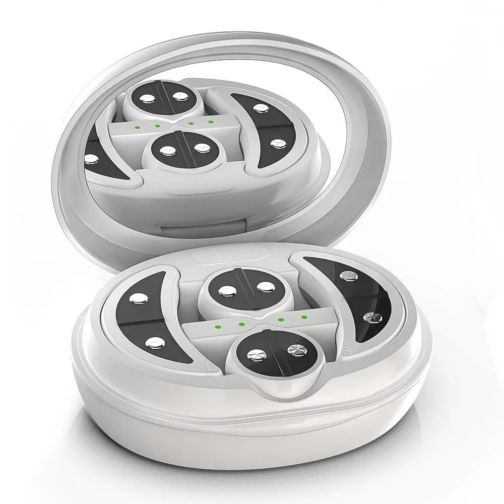 White wireless red light EMS eye and face two-in-one massage device on a white background.