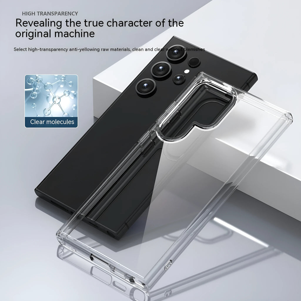 Transparent TPU PC phone case for Samsung S23 Ultra showing drop-resistant back cover design