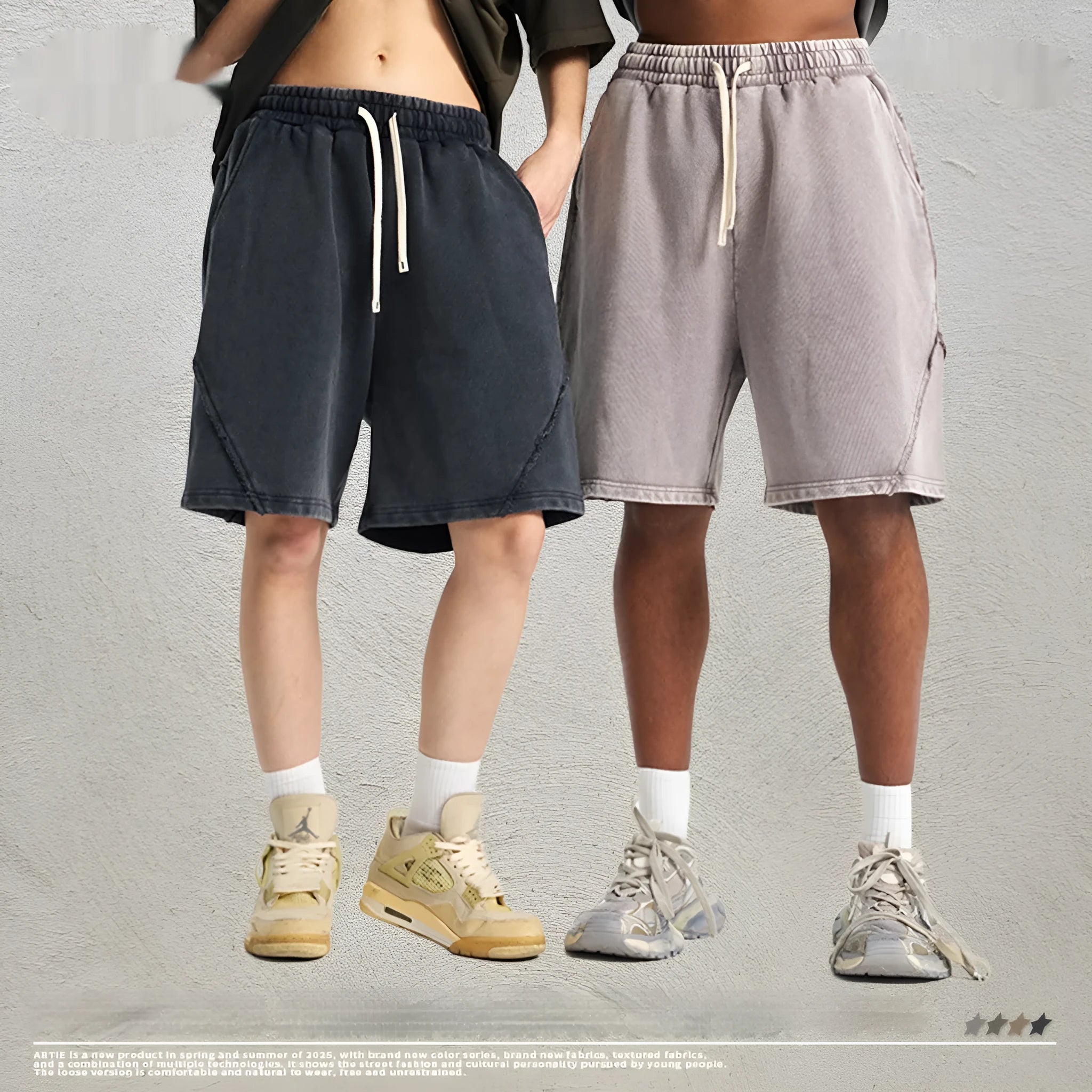 Men's loose-fit casual shorts in pure cotton terry with a washed batik pattern in an earthy colour.