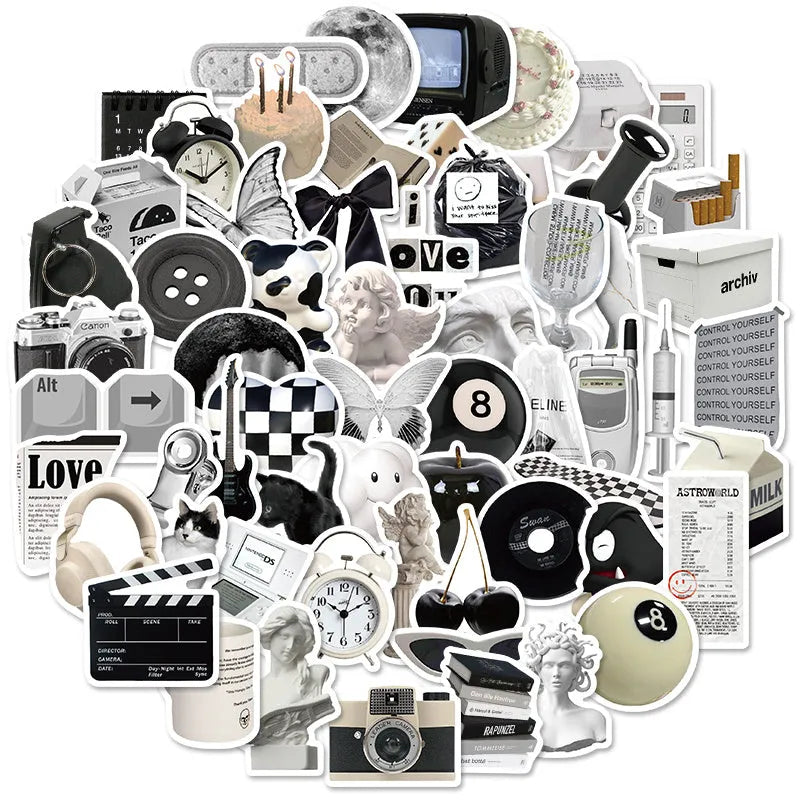 61 black and white PVC waterproof vinyl stickers for laptops, phones, and luggage.