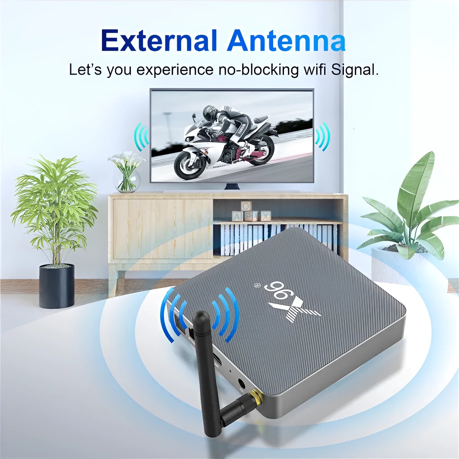 RK3566 Android smart TV set-top box with remote control and HDMI cable on a table