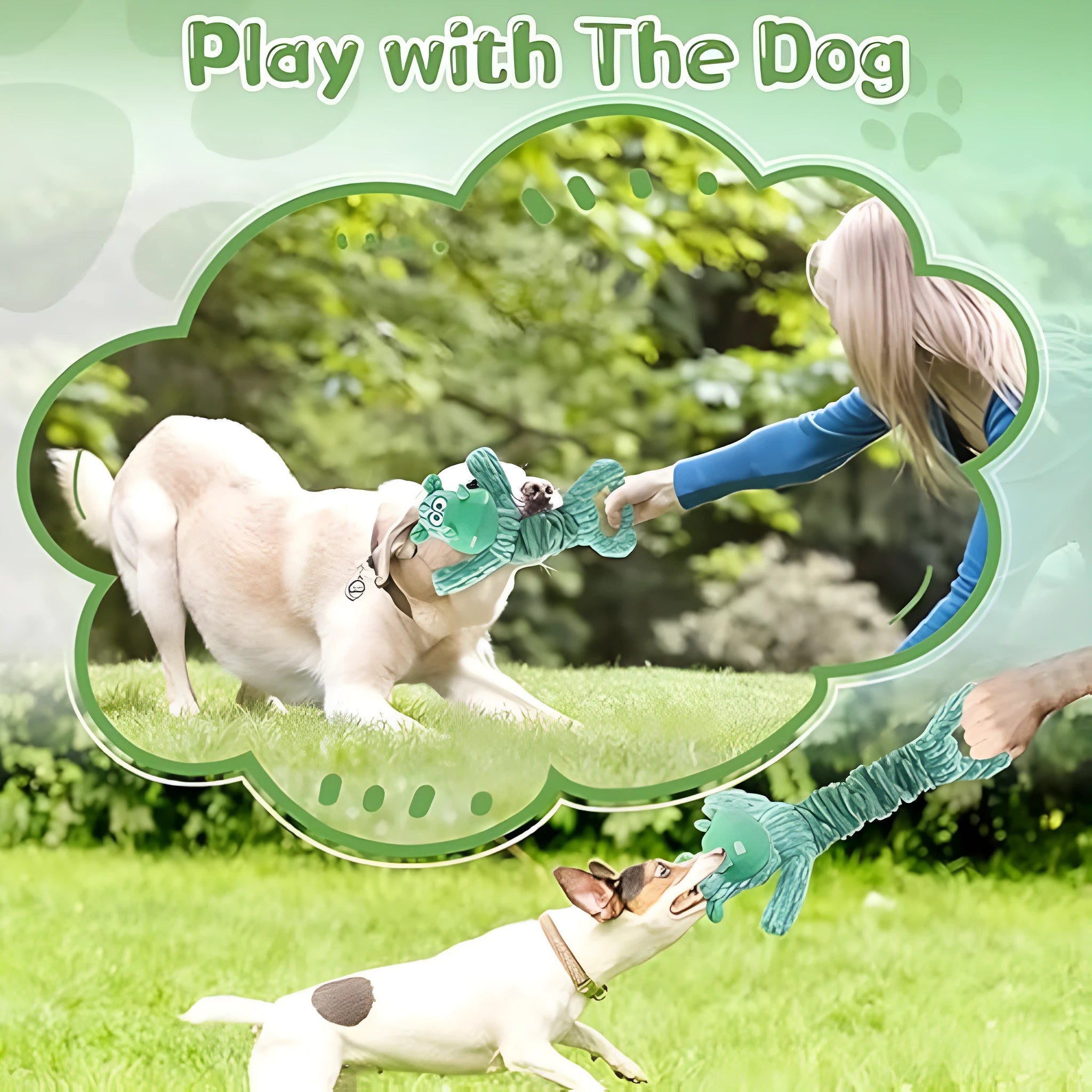 Plush squeaky dog toy with crinkle paper and a handle for tug-of-war play.