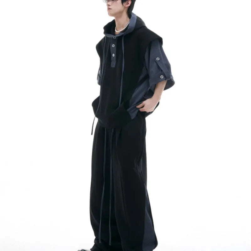 Men's black hooded short sleeve sportswear jacket and trousers set with three-dimensional stitching detail.