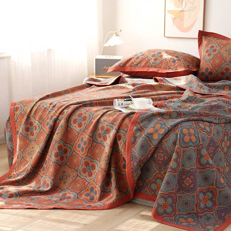 Cotton gauze three-piece bedding set with floral plant pattern including blanket and two pillowcases