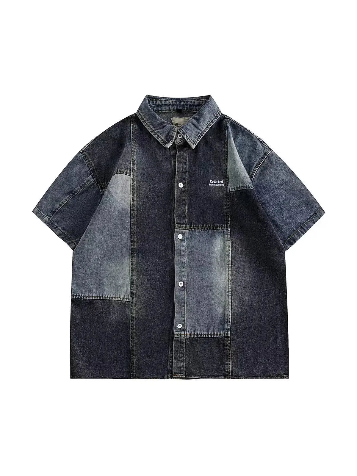 Blue denim shirt with Japanese retro washed stitching detail in loose cardigan fit for men