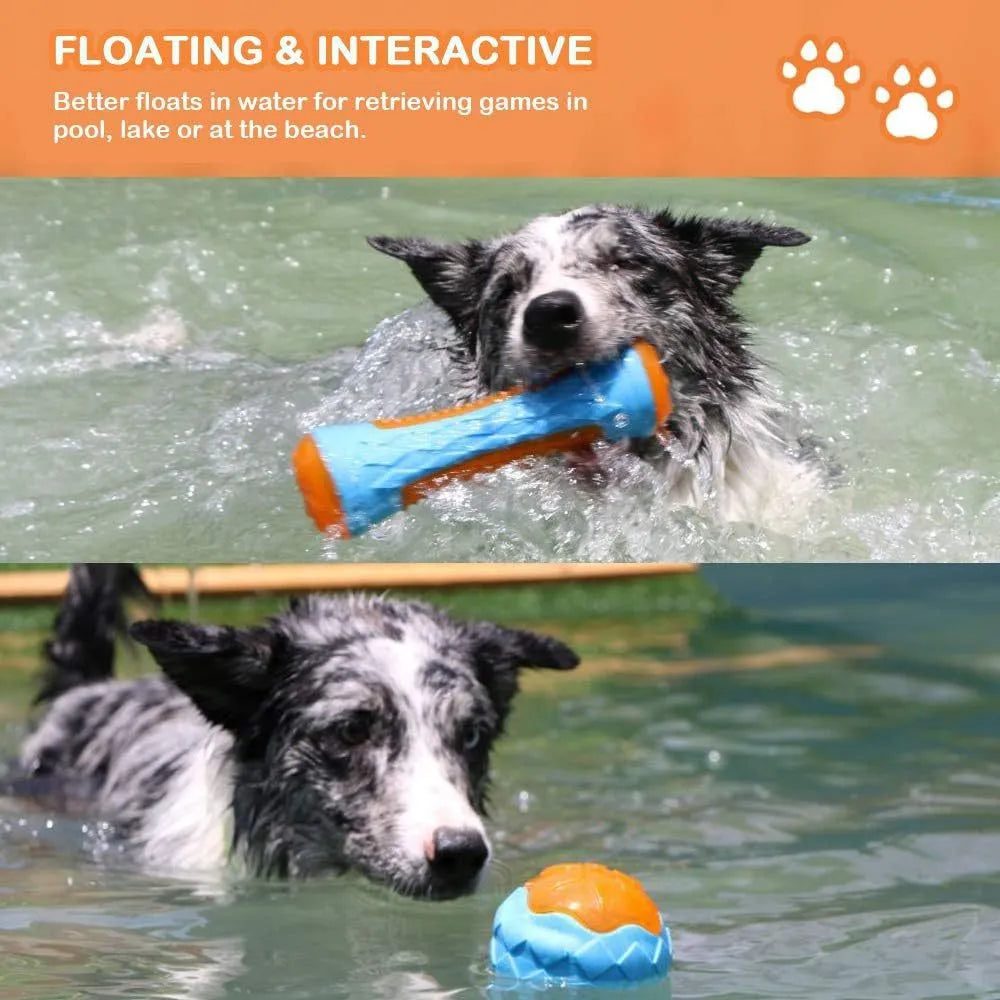 Set of three TPR floating squeaky dog toys: a red ball, blue barbell, and orange tyre with bumpy textures.