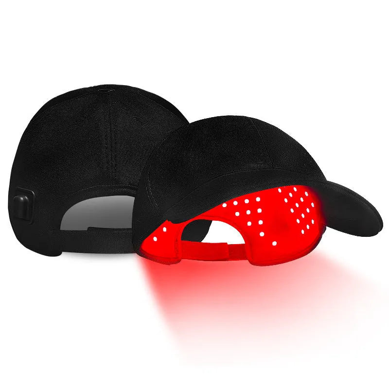 Black infrared peaked cap for hair growth therapy with 180 LED red light bulbs and adjustable controller