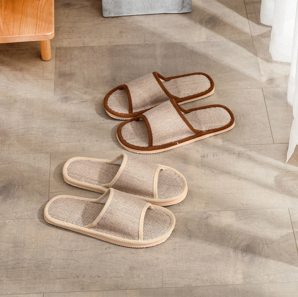 Women's linen open toe slippers in dark coffee colour with thickened sole