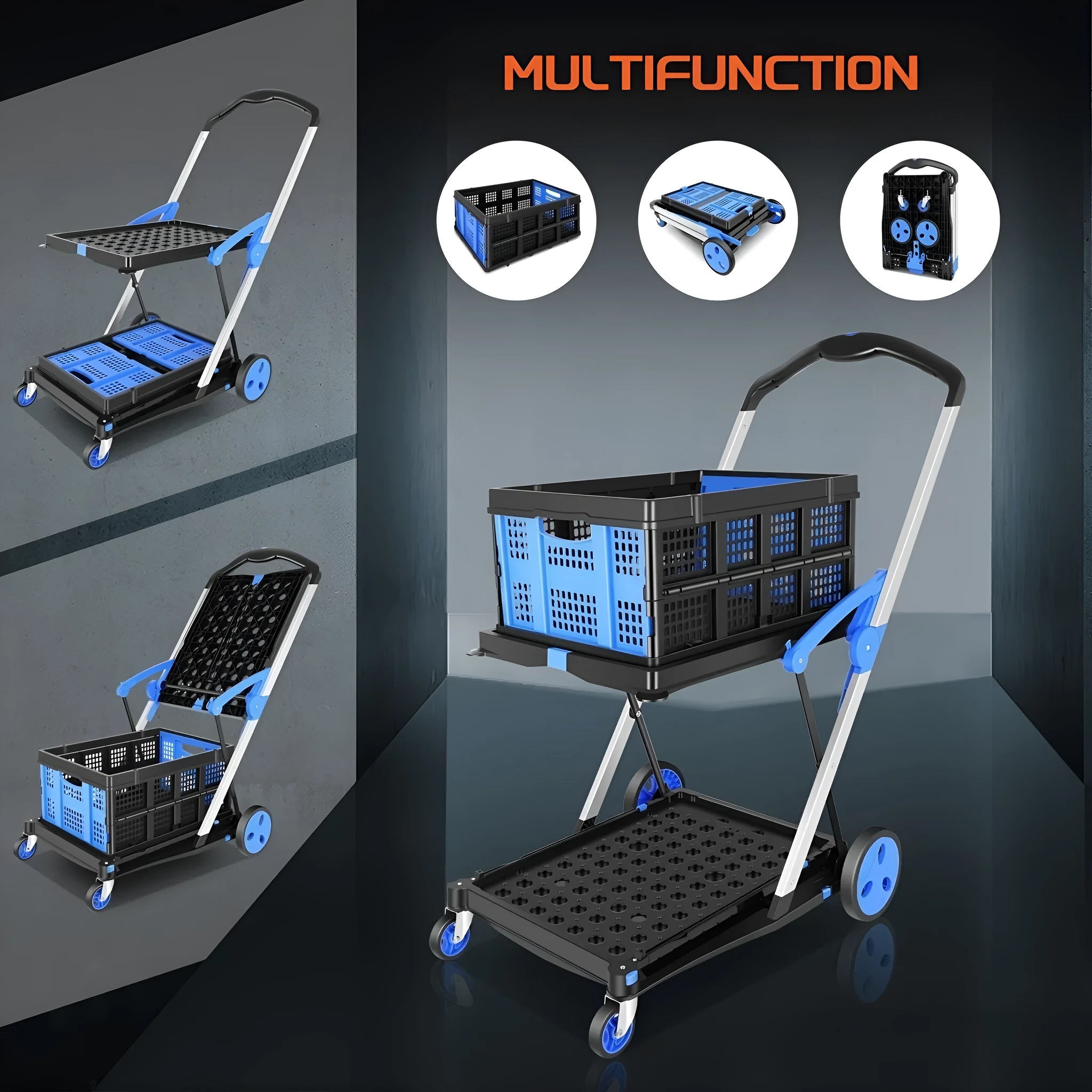Foldable shopping cart with double-layer plastic basket in blue colour option