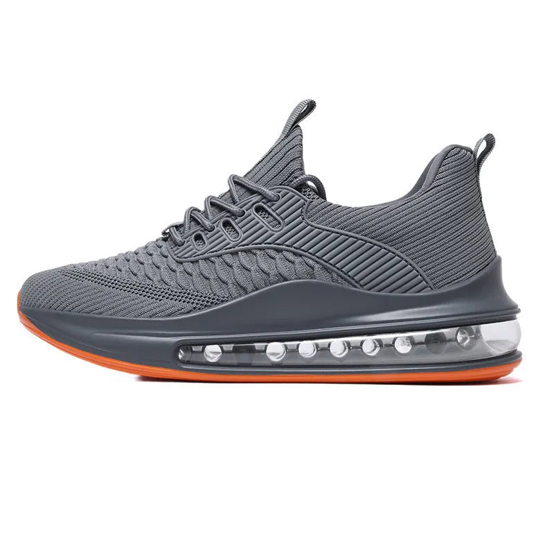 Men's black low-top lace-up running sneakers with mesh upper on a white background.
