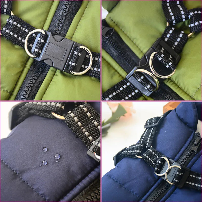 Waterproof dog coat with integrated harness in red colour on Labrador dog