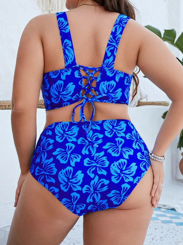 Blue floral print women's split bikini swimsuit with matching bottoms