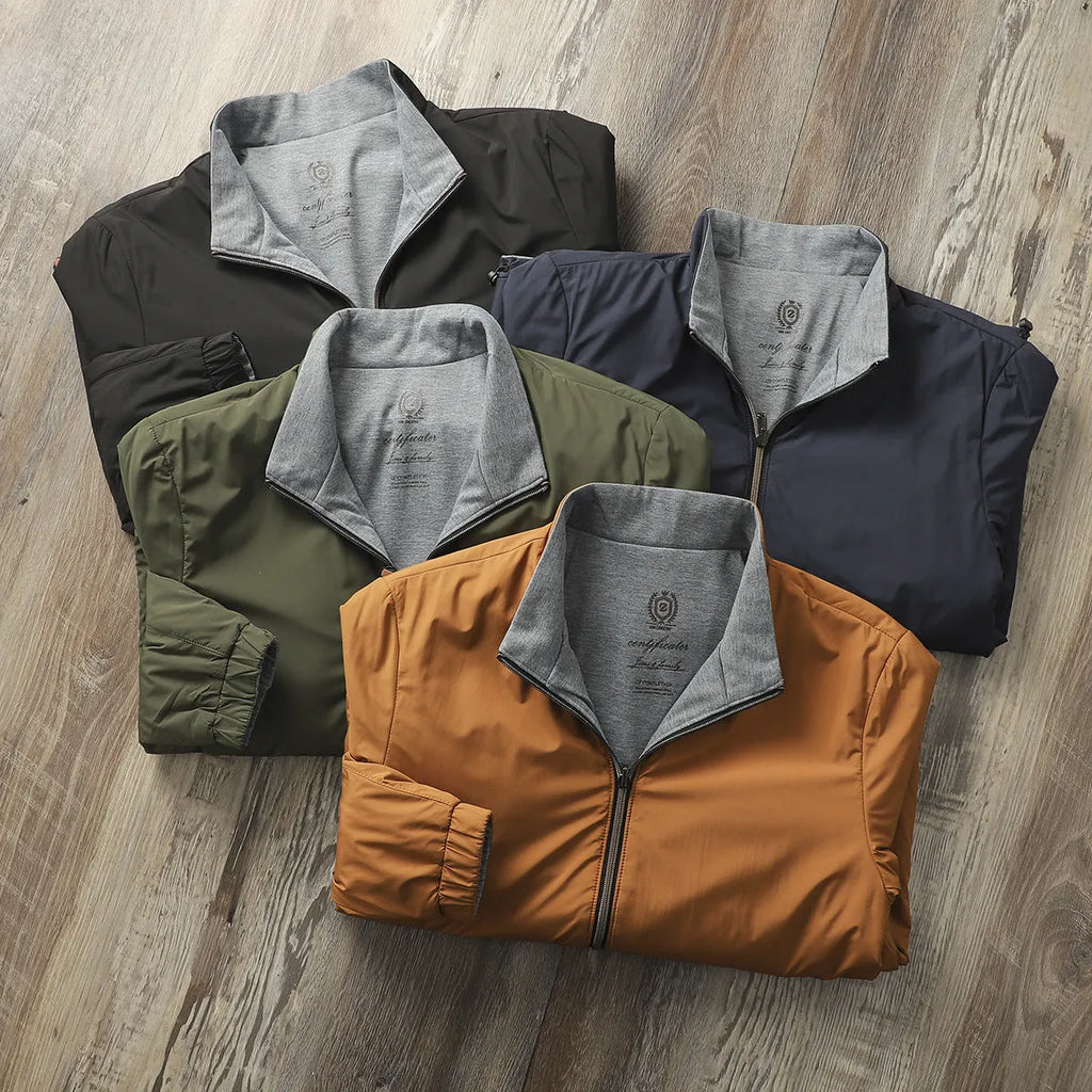 Men's stand collar casual jacket in Army Green, shown on a model.