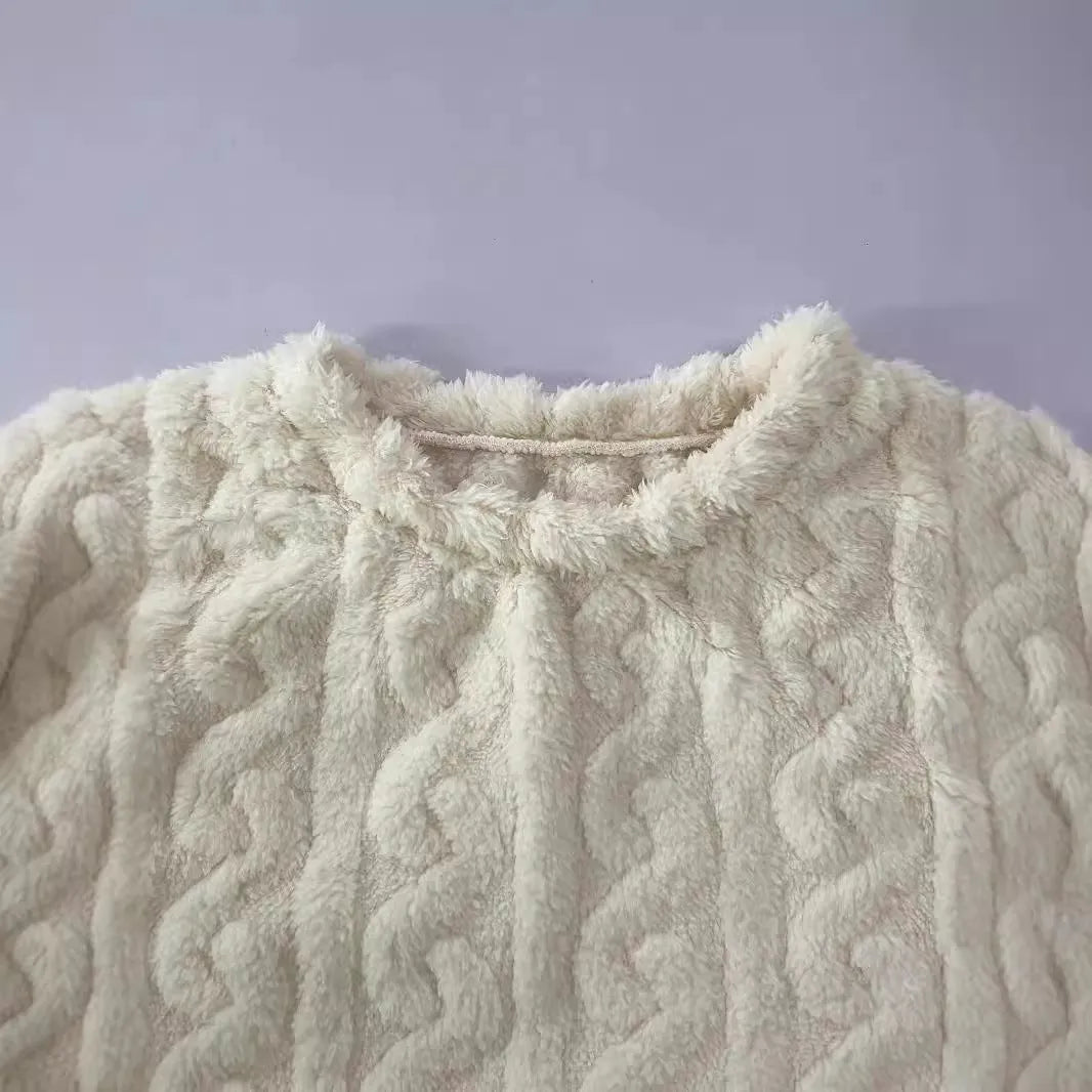 Women's milky white polyester lounge set with crew neck top and matching trousers