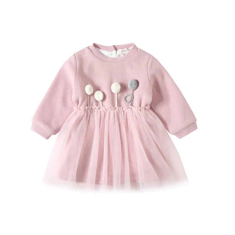 Baby girl pink plus velvet dress with long sleeves and mesh detail