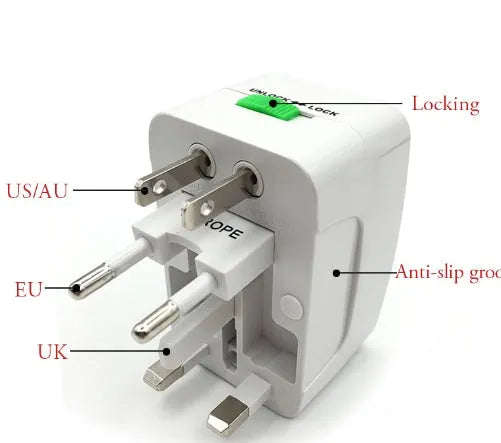 Universal travel plug converter measuring 73x50x39mm for global device charging