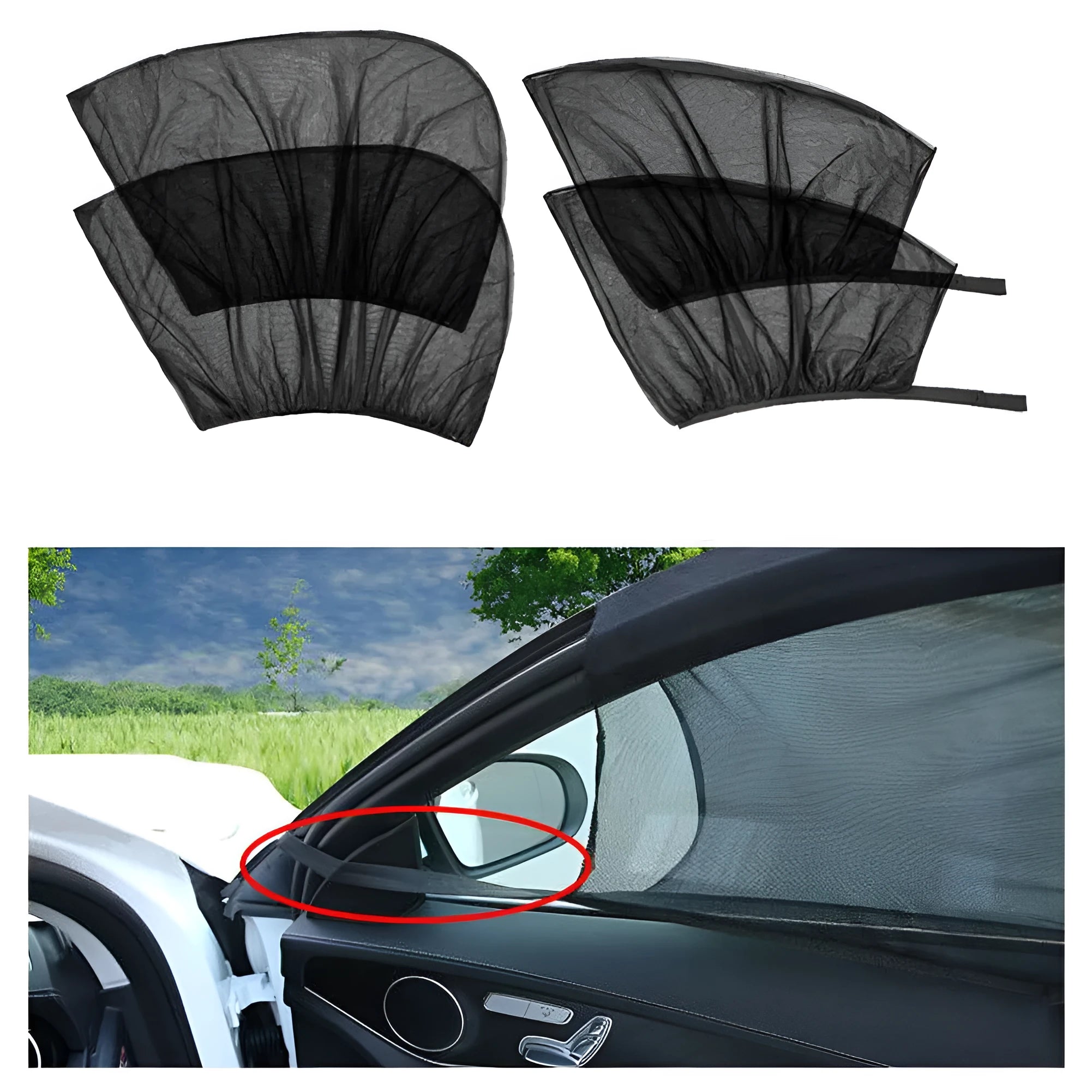 Car side window mesh sunshade with elastic fixation providing sun protection and mosquito prevention