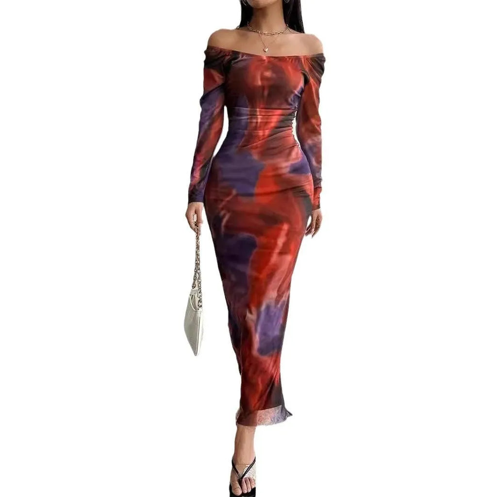 Women's printed pleated fishtail dress with square collar in gradient colour mesh fabric