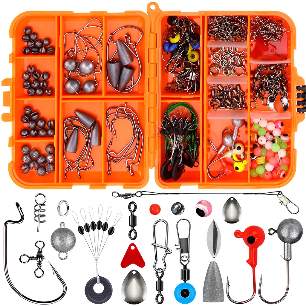 Orange ABS plastic box containing 257 pieces of fishing lure hooks and accessories.