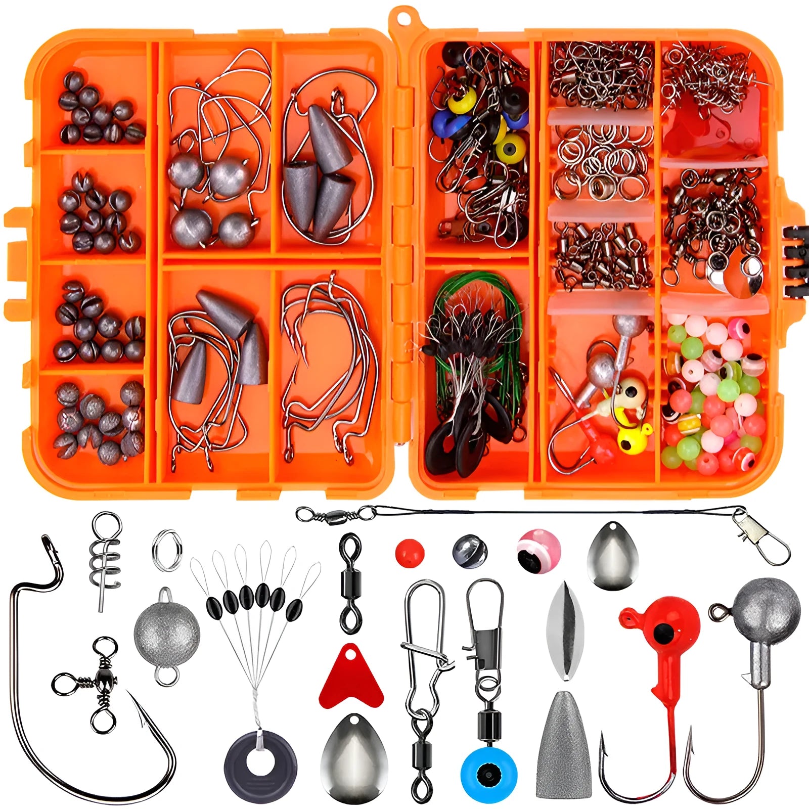 Orange ABS plastic box containing 257 pieces of fishing lure hooks and accessories.