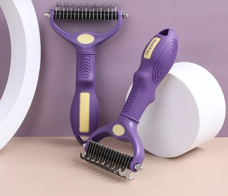 Purple double-sided plastic comb for untying knots in dog fur.