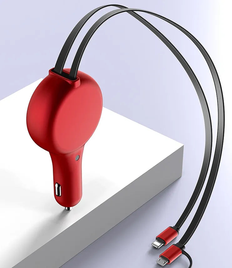 Black retractable car charger with extended cables showing USB and fast-charge connectors next to vehicle power socket
