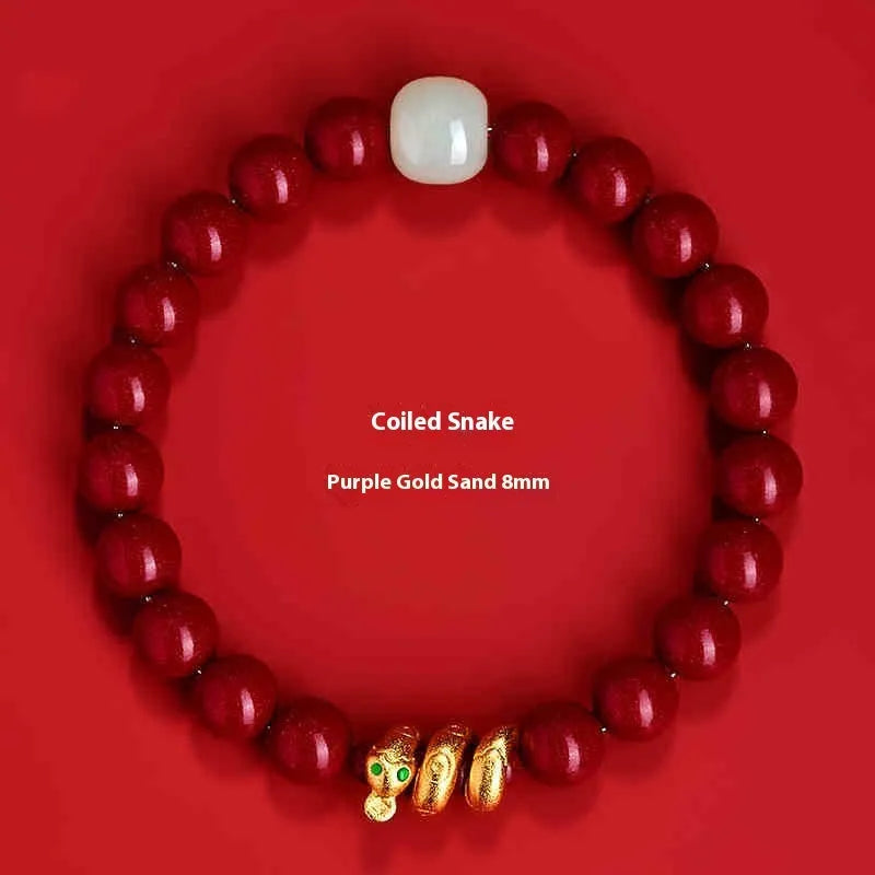 Handmade cinnabar Chinese zodiac bracelet with snake beads, shown in 6mm and 8mm size options.