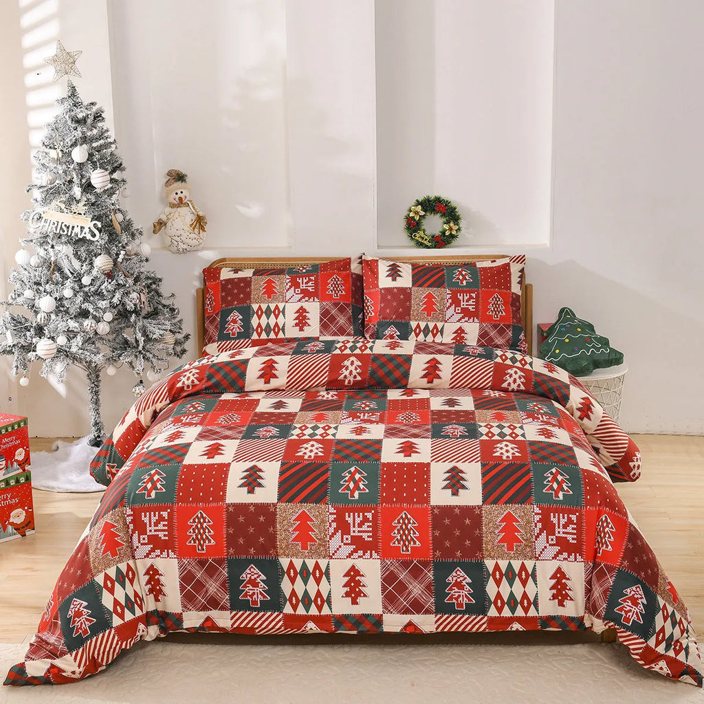 Christmas red plaid pattern bedding three-piece set showing quilt cover and matching pillowcases