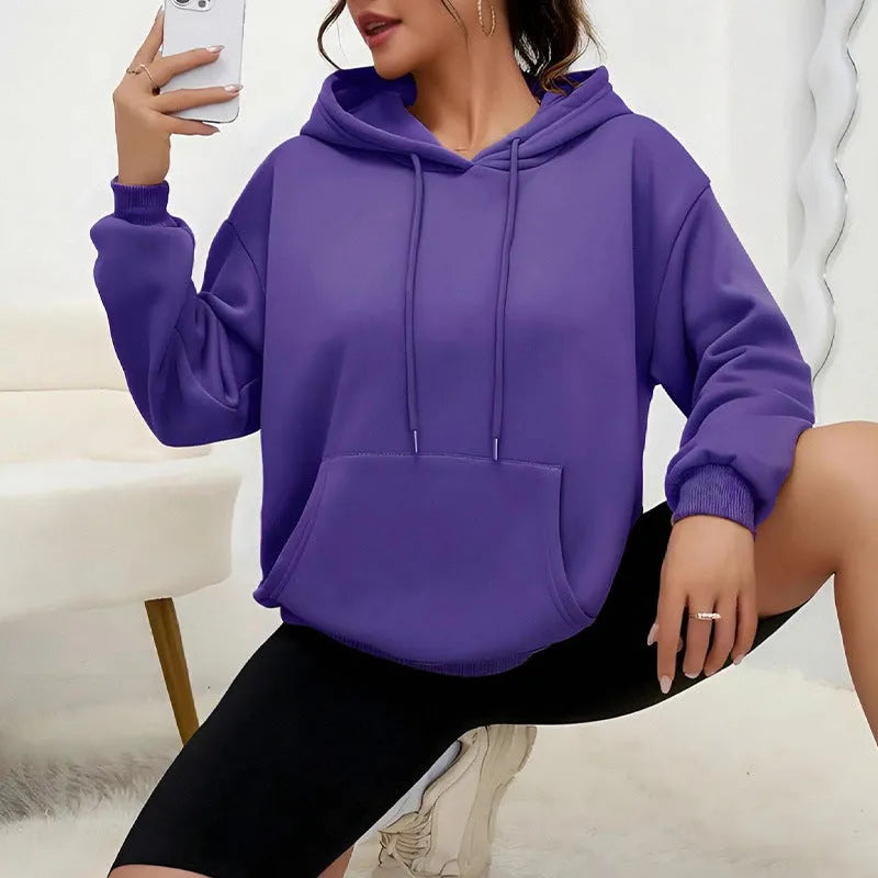 Women's loose grey drawstring hood sweatshirt with front pocket, long sleeves