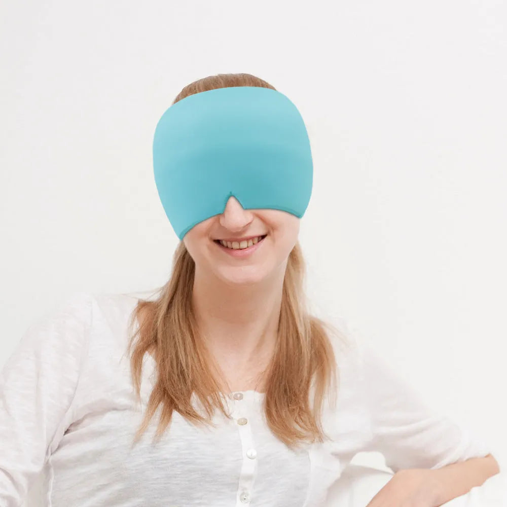 Black elastic cloth gel ice relief eye mask shown on adjustable mannequin head