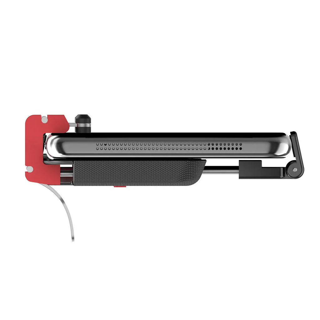 Black mobile phone gaming trigger handle bracket with pull-out concealed trigger and adjustable telescopic phone clip.