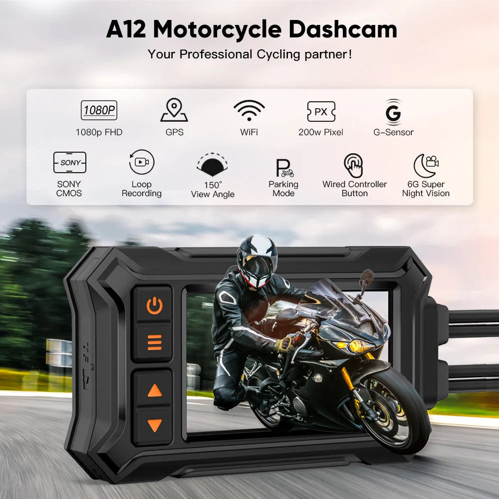 Motorcycle dual lens dashcam recorder with GPS module and mounting accessories on a black background.