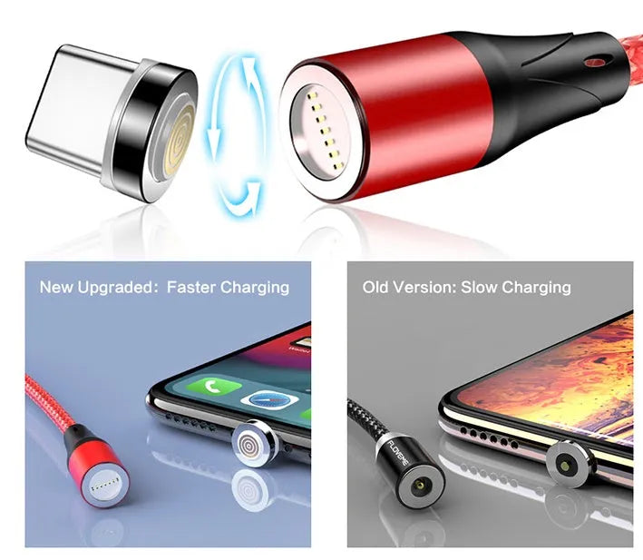 Magnetic smartphone charging cable with LED light indicator in black, available in 1m and 2m lengths