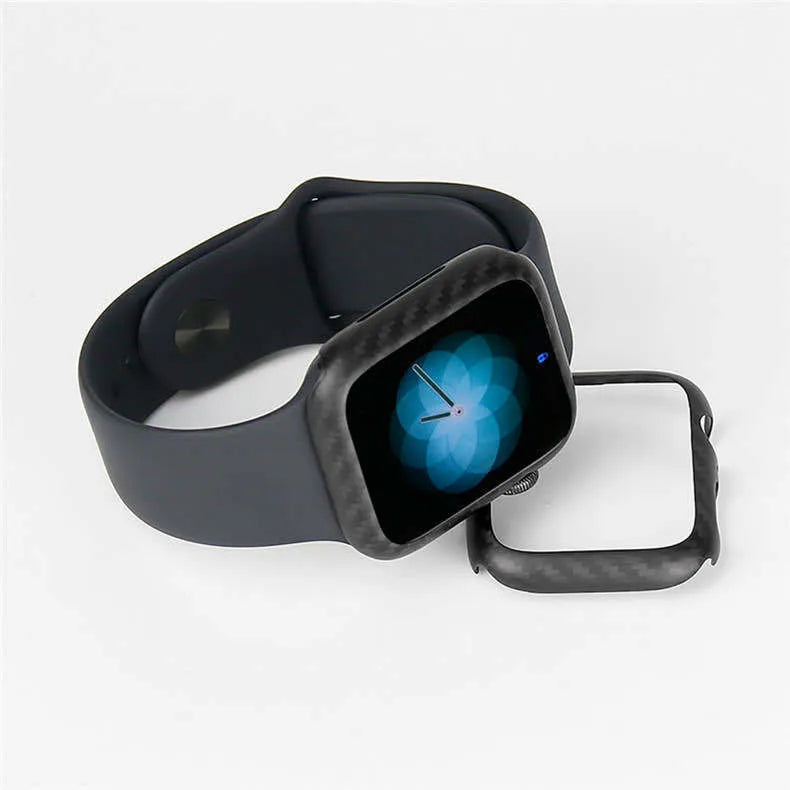 Carbon fibre Apple Watch 4 case with half-wrap leather design in 44mm size