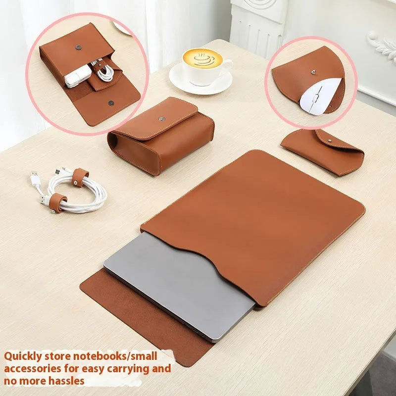 Four imitation leather corner protectors for MacBook Pro in apricot, brown, grey, and light pink colours