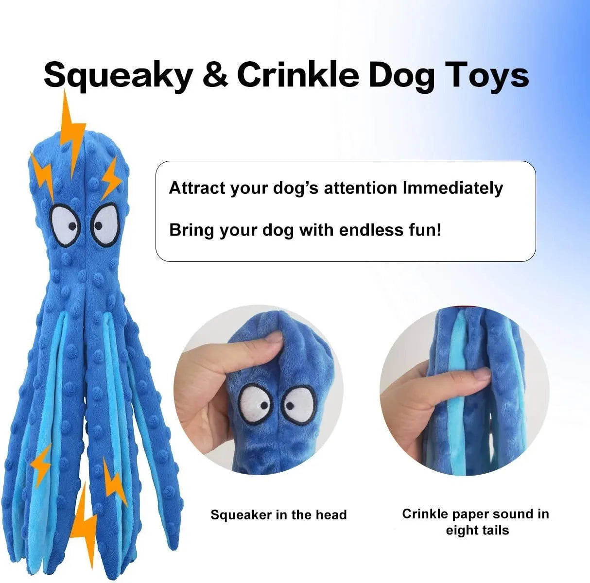 Blue, green, orange, and purple octopus-shaped dog squeaky toys with no stuffing on a white background.