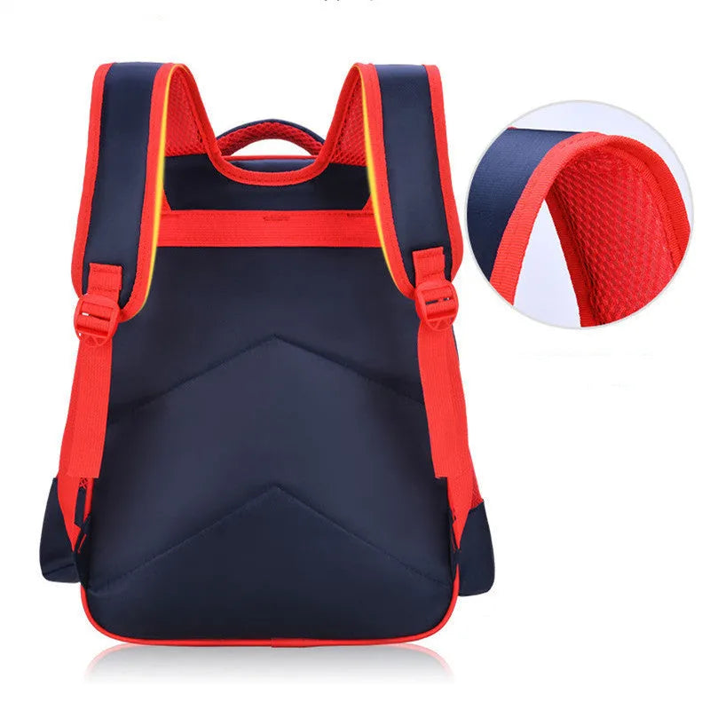 Blue cartoon print children's nylon school backpack with pencil case, shown with front pocket.