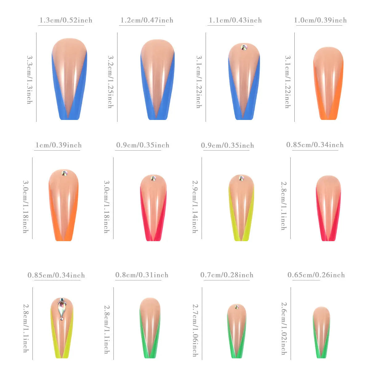 Diamond colour French false nail tips with red love heart and cross cartoon patterns.