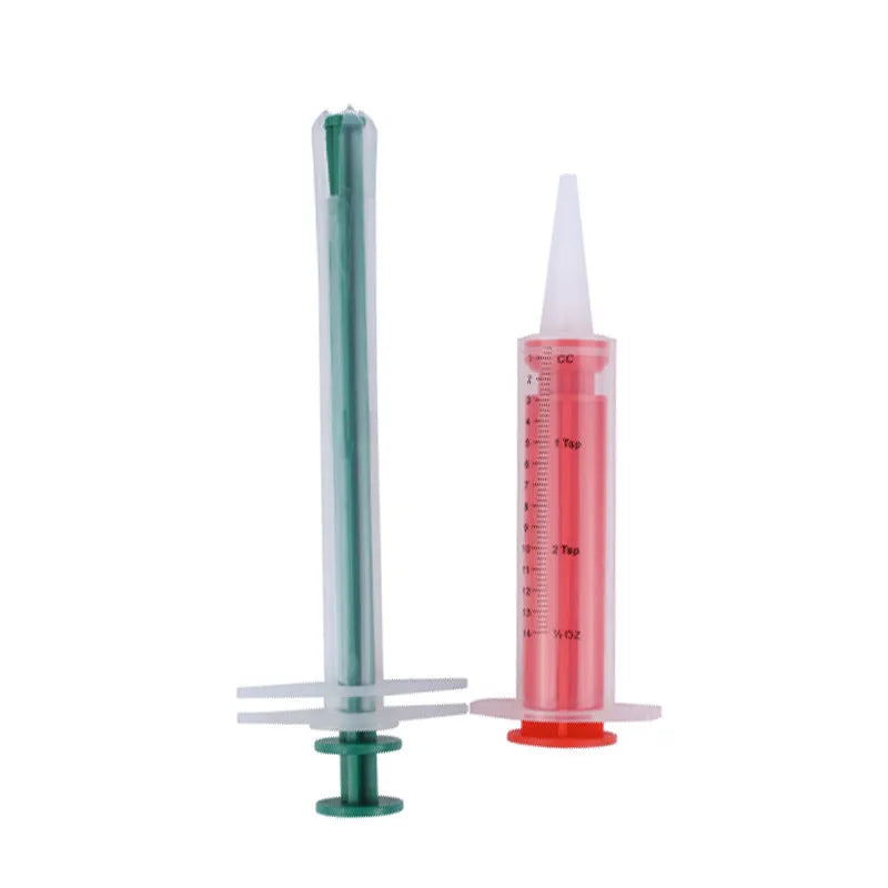 Two pet pill shooter syringes with soft silicone tips for administering medication to cats and dogs