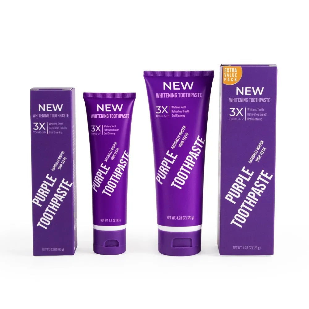 Purple whitening toothpaste tube for adults to remove yellow tooth stains