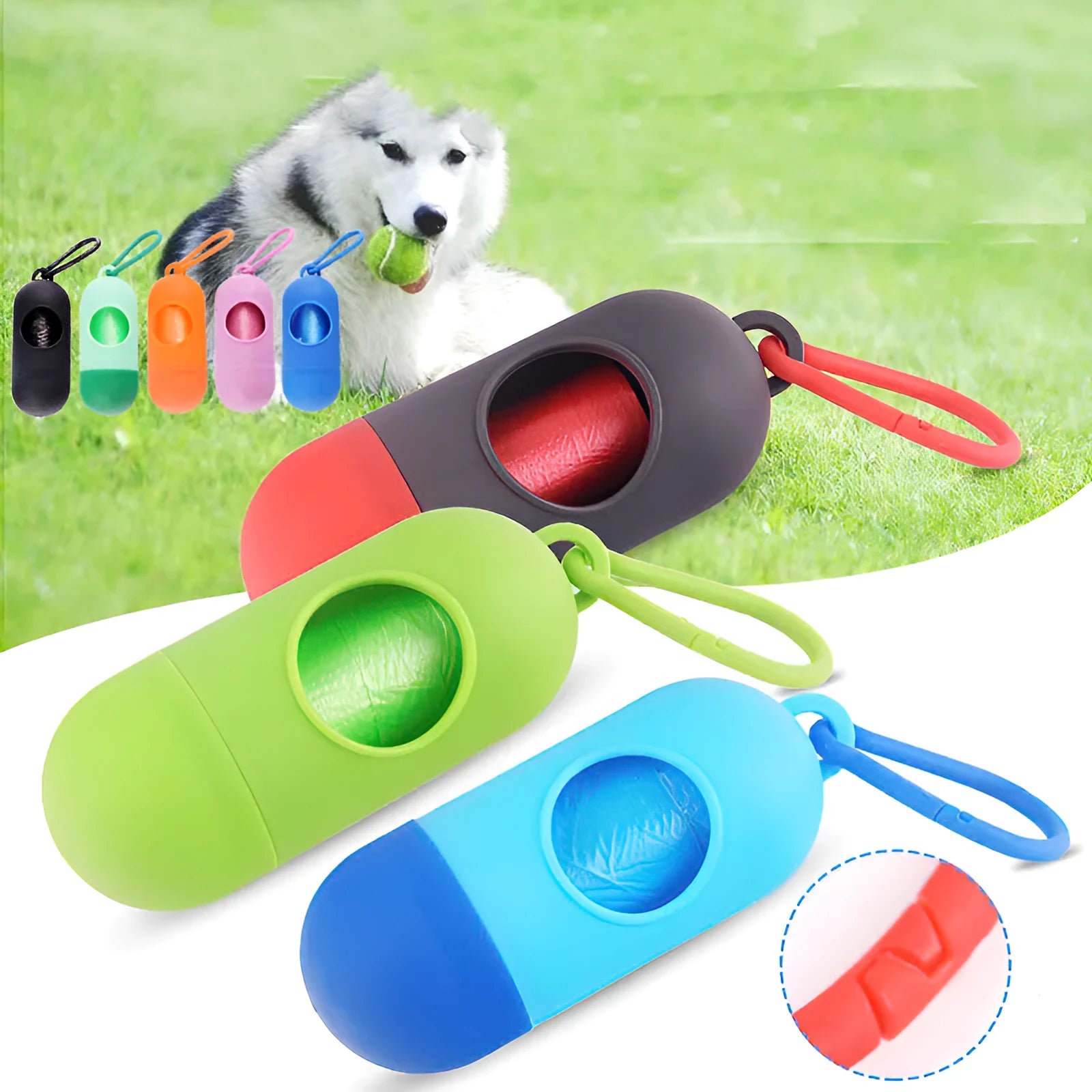 Small black dog waste bag holder with Velcro strap and metal side hook