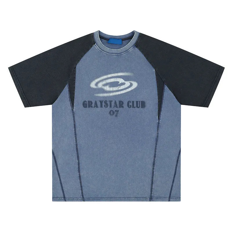 Men's blue hip hop letter print t-shirt with raglan sleeves shown in loose fit style