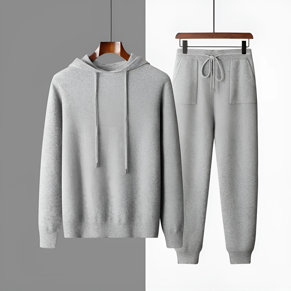 Men's grey cashmere hooded sweatshirt and matching pants set for winter casual wear
