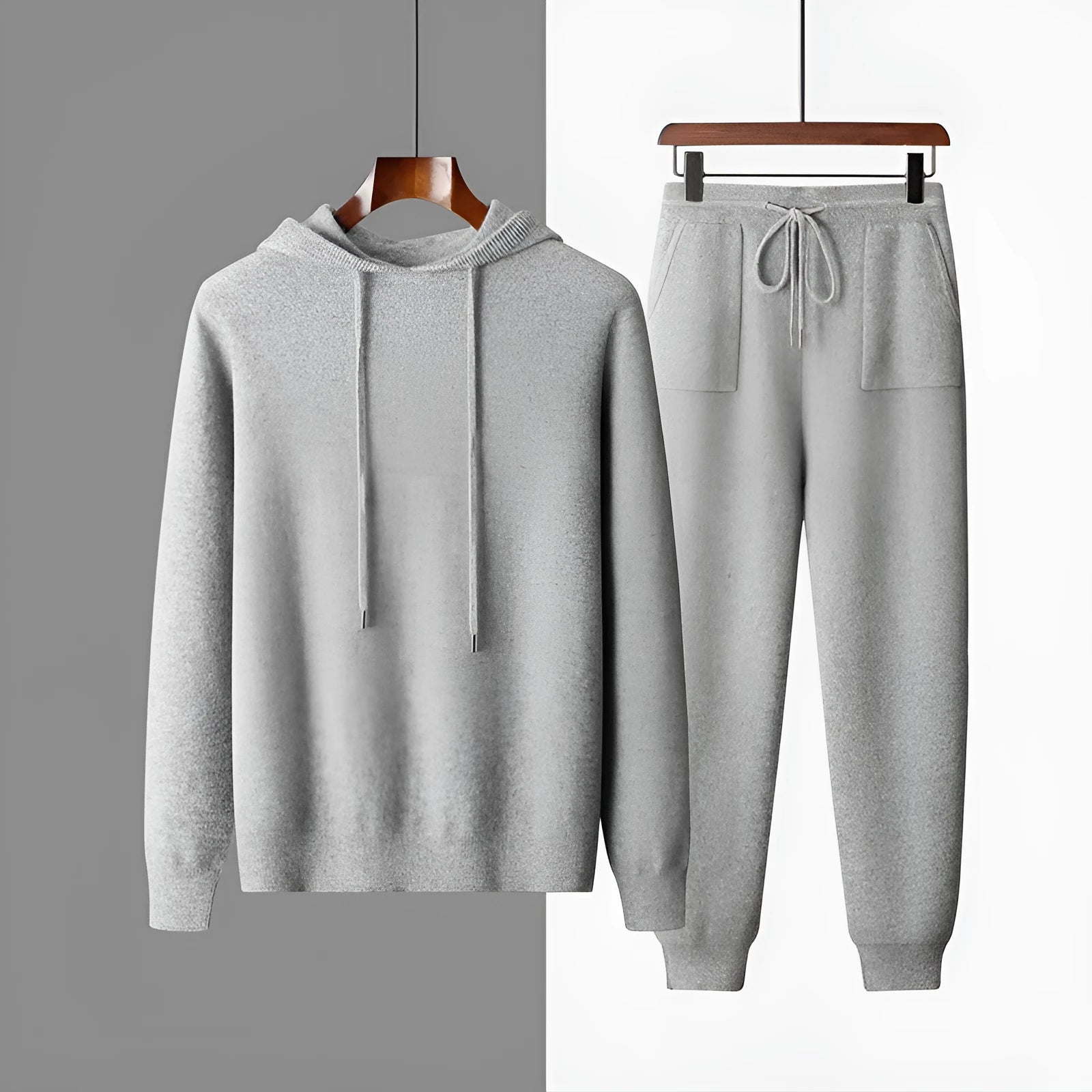 Men's grey cashmere hooded sweatshirt and matching pants set for winter casual wear