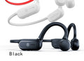 Black open-ear air conduction Bluetooth wireless earphones with a flexible titanium frame on a white background.