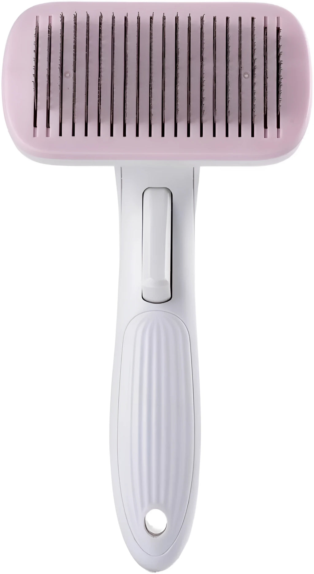 Blue automatic pet hair removal comb on a table, showing its size and one-click button.